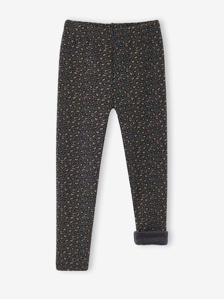 Leggings Lined in Polar Fleece for Girls BROWN LIGHT ALL OVER PRINTED+chocolate+dusky pink+printed grey 