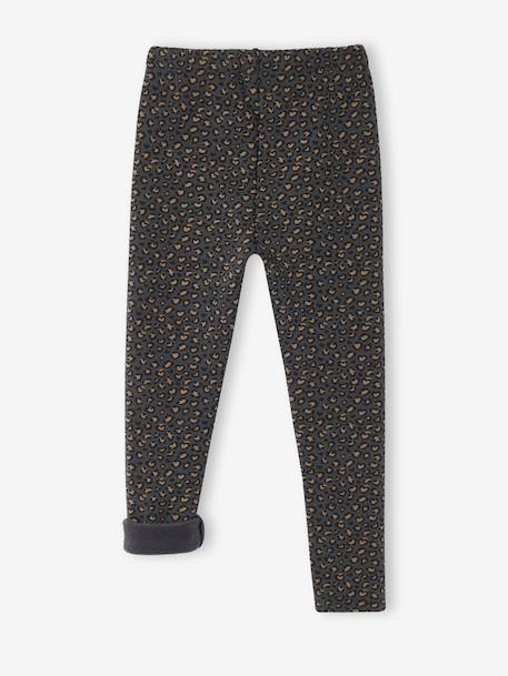 Leggings Lined in Polar Fleece for Girls BROWN LIGHT ALL OVER PRINTED+chocolate+dusky pink+printed grey 