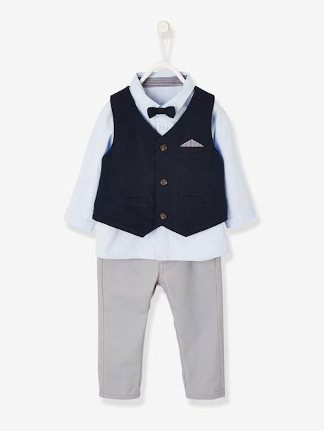 Occasion Wear Outfit : Waistcoat + Shirt + Bow Tie + Trousers, for Boys Dark Blue 