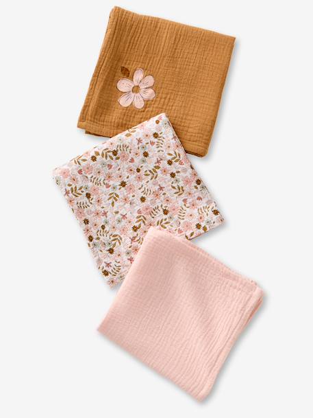 Pack of 3 FLORA Muslin Squares in Cotton Gauze caramel 