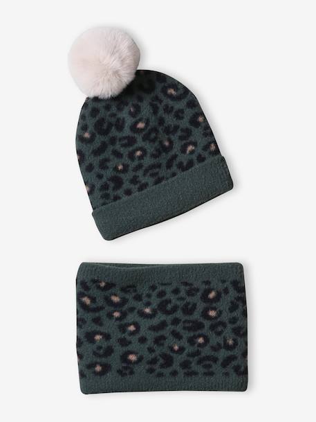 'Leopard' Beanie + Snood Set for Girls green 
