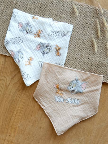 Pack of 2 Tom and Jerry LONEY TUNES bandana bibs for babies in cotton muslin squares beige 