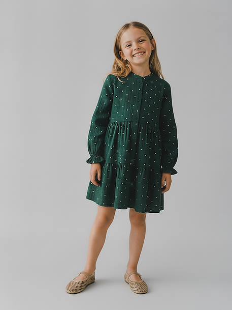 Polka Dot Dress in Cotton Gauze for Girls fir green+pecan nut+plum+sage green 