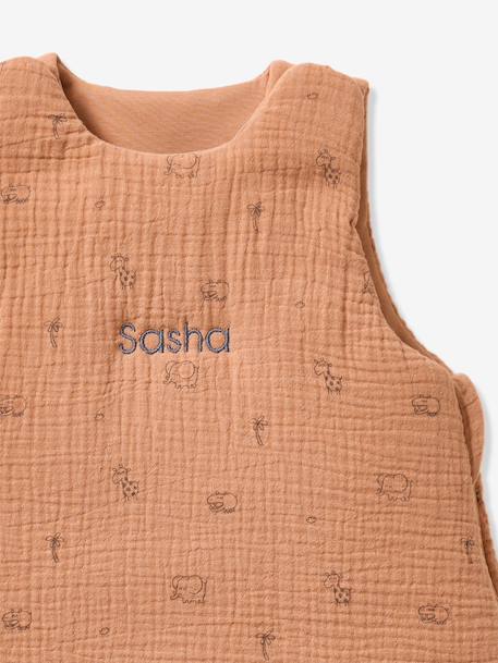 Customisable summer baby sleeping bag in organic cotton muslin cloth, JUNGLE printed brown 