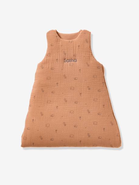 Customisable summer baby sleeping bag in organic cotton muslin cloth, JUNGLE printed brown 