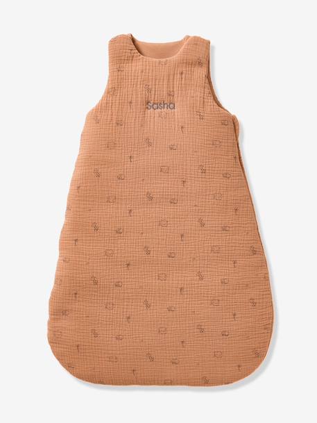 Customisable summer baby sleeping bag in organic cotton muslin cloth, JUNGLE printed brown 