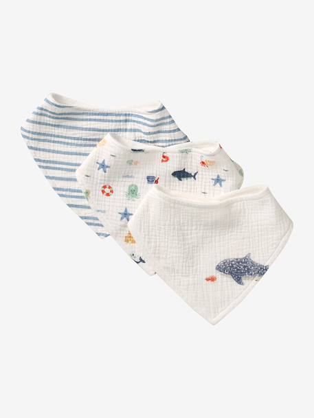 3 Bandana-Style Bibs in Cotton Gauze Brown+cappuccino+ecru+grey blue+Light Green+pale pink+printed beige+sage green+White/Print 