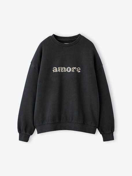 Oversized Leopard Print Slogan Sweatshirt for Girls, JONEN anthracite+bordeaux red 
