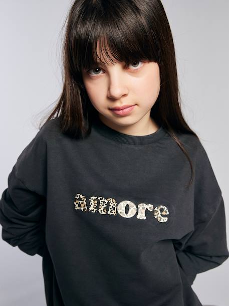 Oversized Leopard Print Slogan Sweatshirt for Girls, JONEN anthracite+bordeaux red 