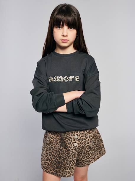 Oversized Leopard Print Slogan Sweatshirt for Girls, JONEN anthracite+bordeaux red 