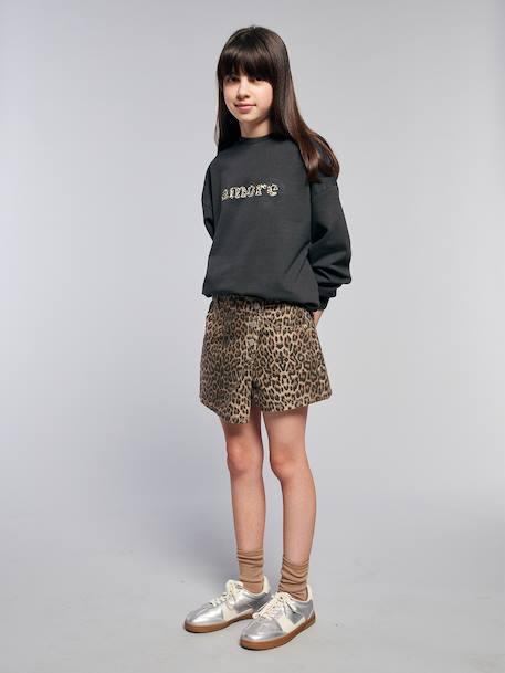 Oversized Leopard Print Slogan Sweatshirt for Girls, JONEN anthracite+bordeaux red 