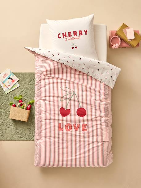 Duvet Cover & Pillowcase Set with Recycled Cotton, CHERRY STRIPES striped red 