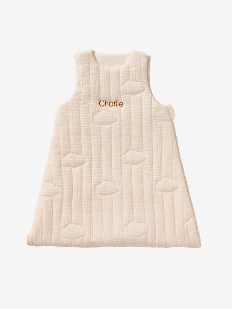 Customisable organic muslin sleeveless baby sleeping bag IN THE CLOUDS ecru 