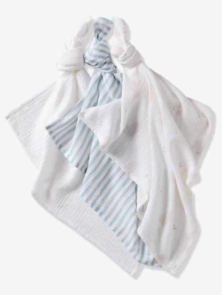 Pack of 3 cotton muslin squares IN THE CLOUDS printed white 