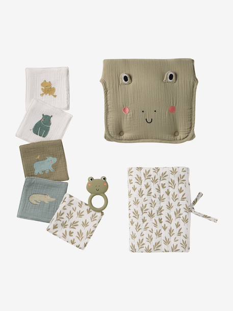 8-piece baby gift set: 1 rattle, 1 travel changing mat, 5 wipes, 1 pouch ochre+printed green+printed white 