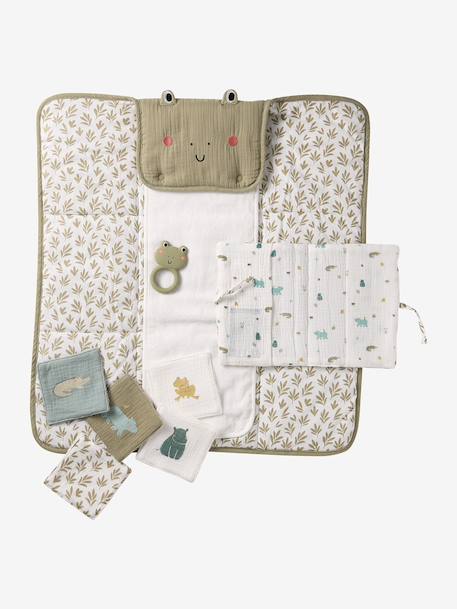 8-piece baby gift set: 1 rattle, 1 travel changing mat, 5 wipes, 1 pouch ochre+printed green+printed white 