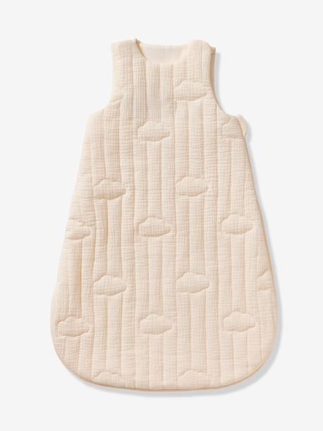 Customisable organic muslin sleeveless baby sleeping bag IN THE CLOUDS ecru 