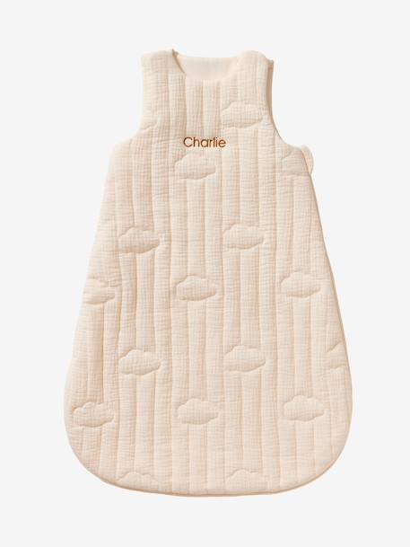 Customisable organic muslin sleeveless baby sleeping bag IN THE CLOUDS ecru 