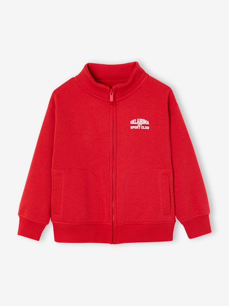 Zipped sweatshirt for boys with a trucker neck fir green+navy blue+red 