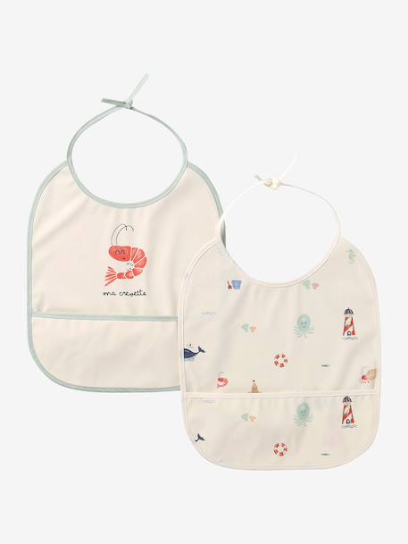 Pack of 2 plasticised baby bibs printed white 