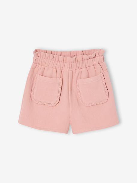 Girl's paperbag shorts in twill rosy 