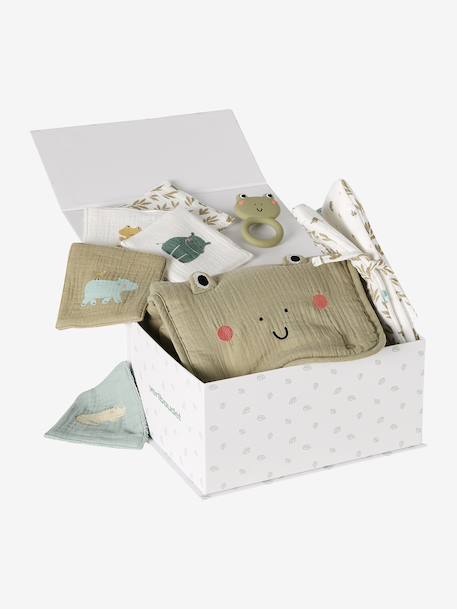 8-piece baby gift set: 1 rattle, 1 travel changing mat, 5 wipes, 1 pouch ochre+printed green+printed white 