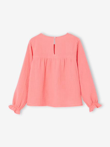 Ruffled Blouse in Cotton Gauze, for Girls coral+ecru 