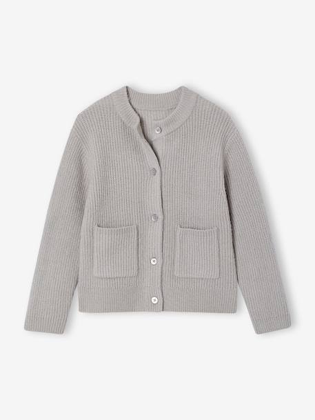 Girl's fine knit fluffy cardigan coral+marl grey+peony pink 