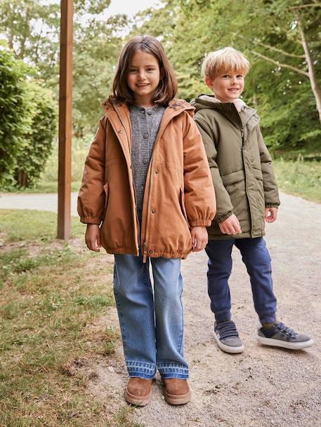 Hooded Parka with Faux Fur Lining for Girls black+camel+dark green+dusky pink+navy blue+plum 