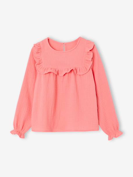 Ruffled Blouse in Cotton Gauze, for Girls coral+ecru 