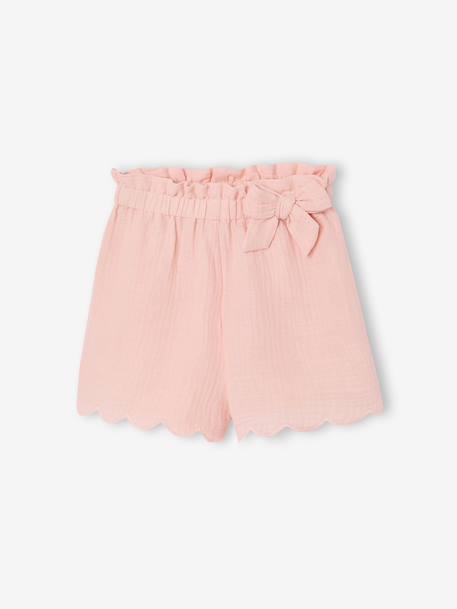 Frilly girls' shorts in cotton gauze pale pink+sage green 