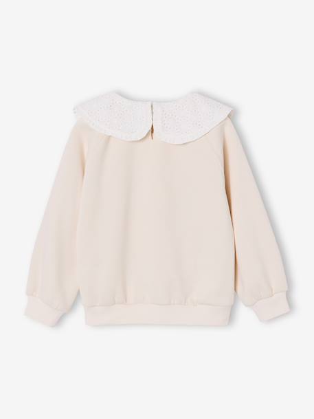 Girl's sweatshirt with English embroidery collar and flocked velvet message ecru+marl grey+mauve+pale pink+red 
