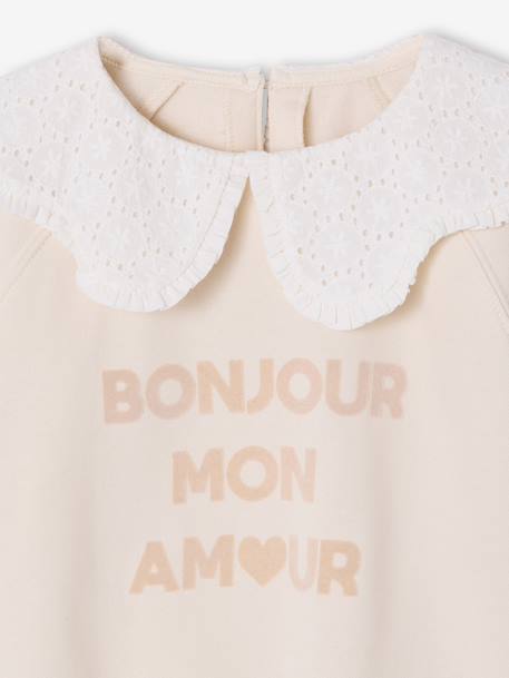 Girl's sweatshirt with English embroidery collar and flocked velvet message ecru+marl grey+mauve+pale pink+red 
