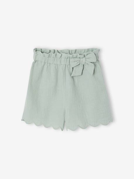 Frilly girls' shorts in cotton gauze pale pink+sage green 