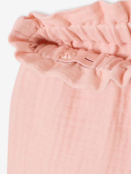 Frilly girls' shorts in cotton gauze pale pink+sage green 
