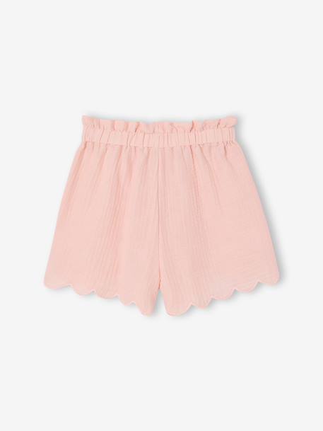 Frilly girls' shorts in cotton gauze pale pink+sage green 