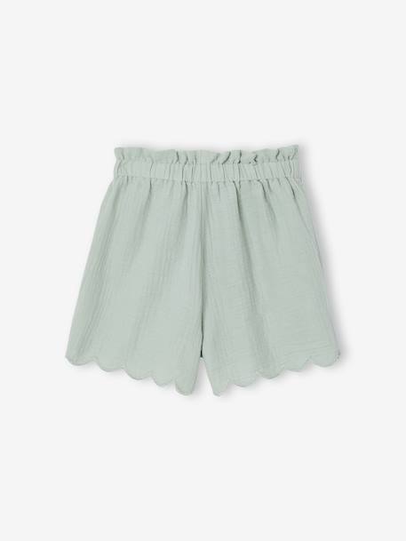 Frilly girls' shorts in cotton gauze pale pink+sage green 