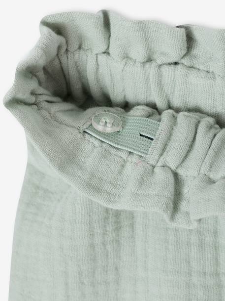Frilly girls' shorts in cotton gauze pale pink+sage green 