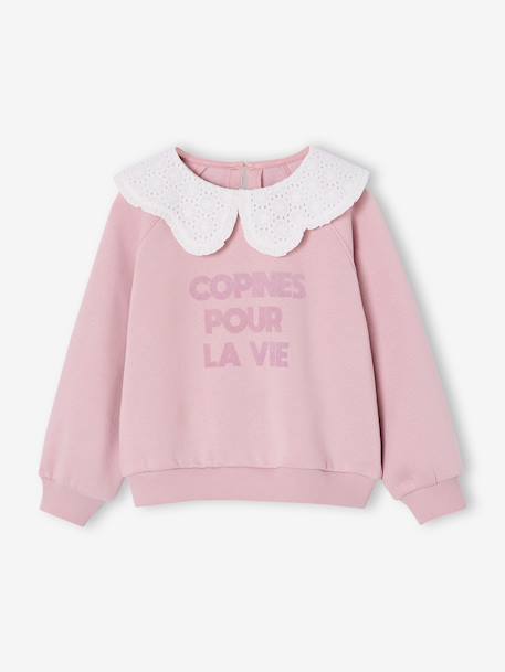 Girl's sweatshirt with English embroidery collar and flocked velvet message ecru+marl grey+mauve+pale pink+red 