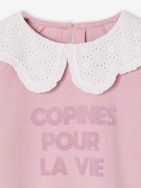 Girl's sweatshirt with English embroidery collar and flocked velvet message ecru+marl grey+mauve+pale pink+red 