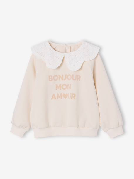 Girl's sweatshirt with English embroidery collar and flocked velvet message ecru+marl grey+mauve+pale pink+red 
