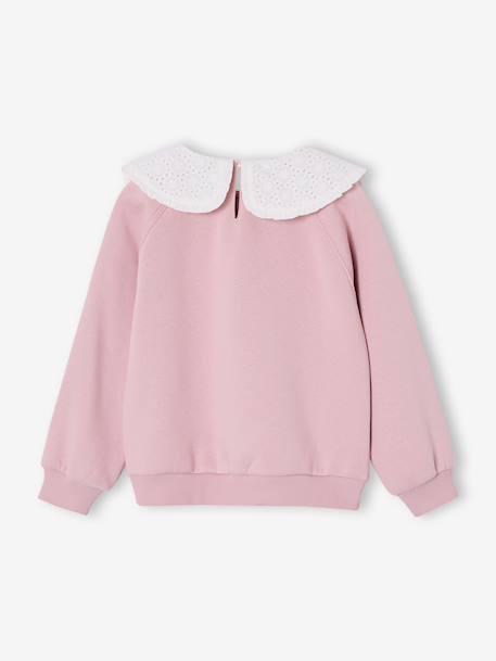 Girl's sweatshirt with English embroidery collar and flocked velvet message ecru+marl grey+mauve+pale pink+red 