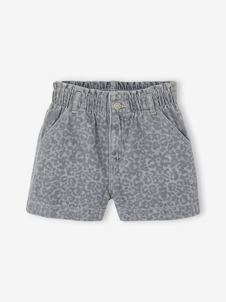 Girls' patterned denim shorts grey+light blue 