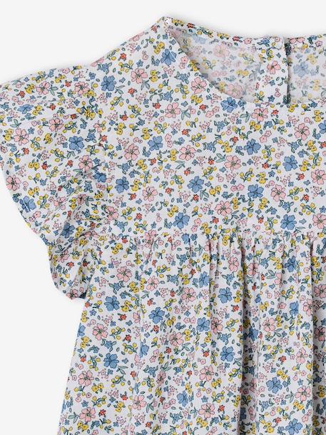 Blouse with Flower Motifs & Short Ruffled Sleeves for Girls chequered red+printed white 