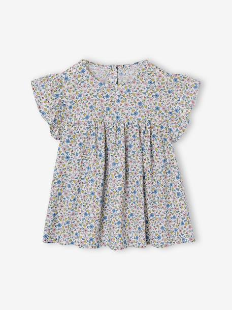 Blouse with Flower Motifs & Short Ruffled Sleeves for Girls chequered red+printed white 