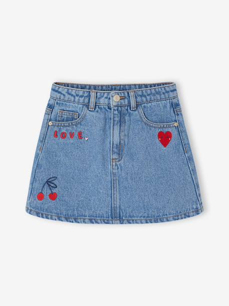 Denim Skirt with Broderie Anglaise for Girls medium blue 