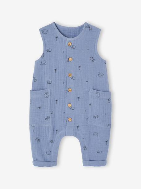 Cotton Gauze Jumpsuit for Newborns blue+ecru+sage green 