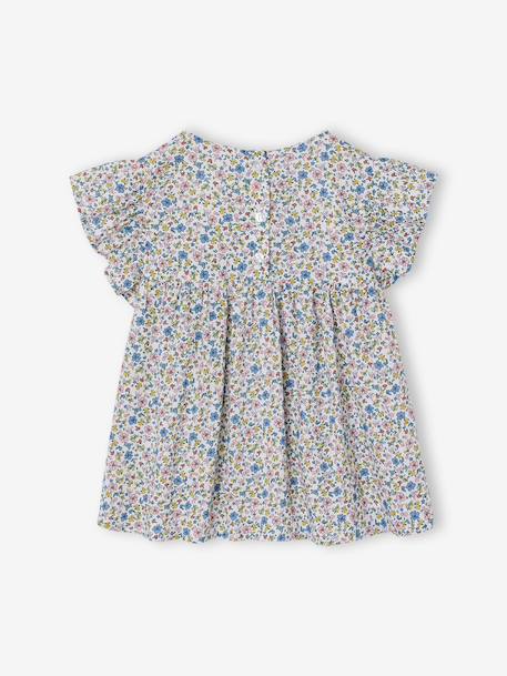 Blouse with Flower Motifs & Short Ruffled Sleeves for Girls chequered red+printed white 