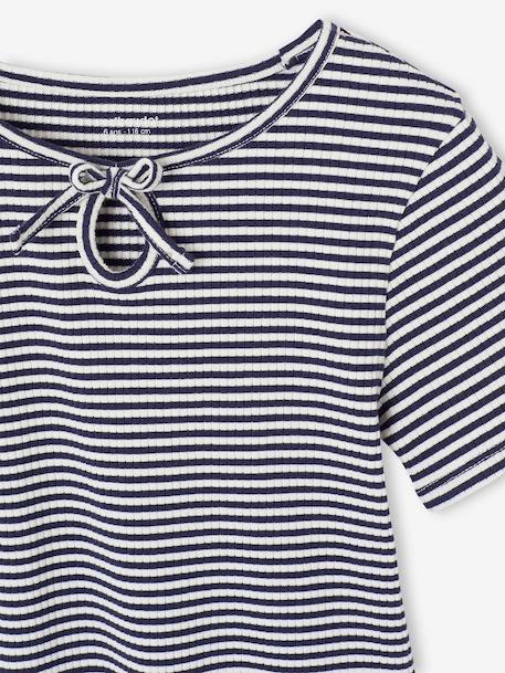 Girl's fancy bow t-shirt striped blue+yellow 
