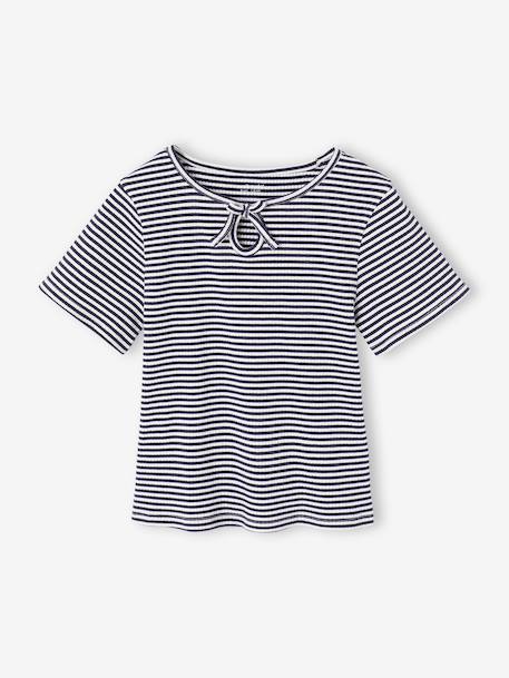 Girl's fancy bow t-shirt striped blue+yellow 